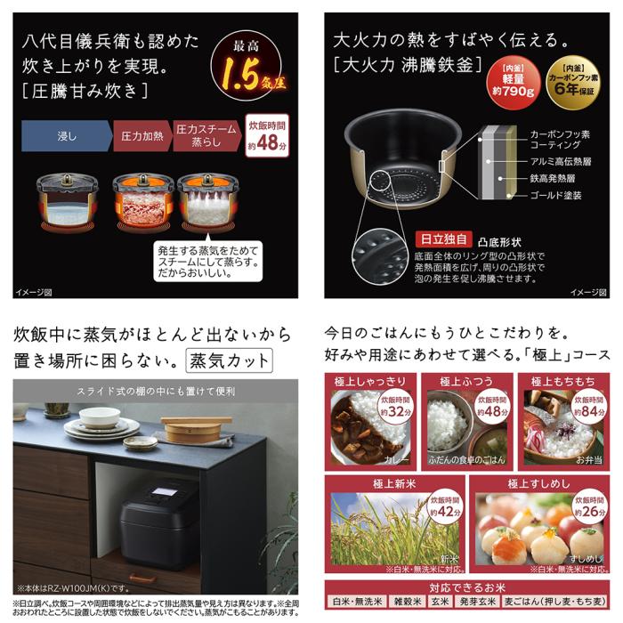 HITACHI(日立) 5.5合炊き  IHジャー炊飯器 『圧力＆スチーム ふっくら御膳』 RZ-Z100JM-K (漆黒) 商品画像3：生活家電 ディープライス
