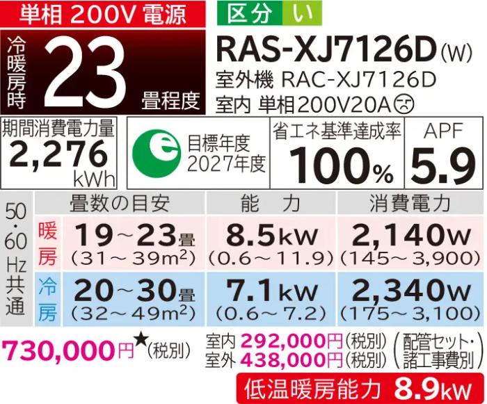 HITACHI(日立) 7.1kW 単相200V 主に23畳用 ルームエアコン 『白くまくん XJシリーズ』 RAS-XJ7126D-W (スターホワイト) 商品画像2：生活家電 ディープライス