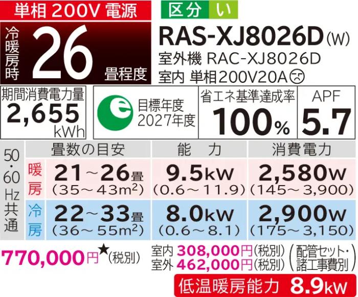 【時間指定不可】HITACHI(日立) 8.0kW 単相200V 主に26畳用 ルームエアコン 『白くまくん XJシリーズ』 RAS-XJ8026D-W (スターホワイト) 商品画像2：生活家電 ディープライス