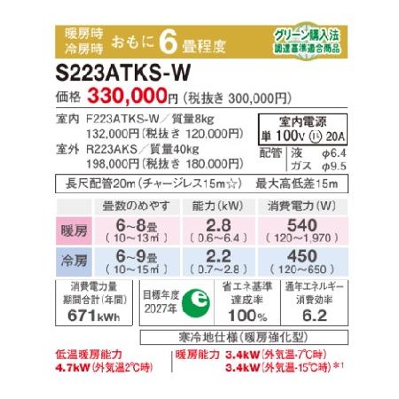 DAIKIN(ダイキン) 2.2kW 主に6畳用 ルームエアコン 『スゴ暖 KXシリーズ』 S223ATKS-W (ホワイト) 商品画像5：生活家電 ディープライス