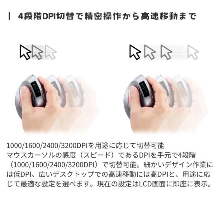 エアリア LCDディスプレイ搭載 Bluetooth/2.4GHz DPI4段階切替 充電式 エルゴノミクス ワイヤレス 縦型マウス 『ErgoVerMouse』 SD-F26 商品画像7：生活家電 ディープライス