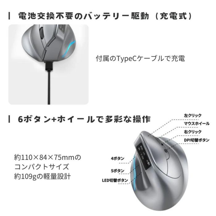 エアリア LCDディスプレイ搭載 Bluetooth/2.4GHz DPI4段階切替 充電式 エルゴノミクス ワイヤレス 縦型マウス 『ErgoVerMouse』 SD-F26 商品画像8：生活家電 ディープライス