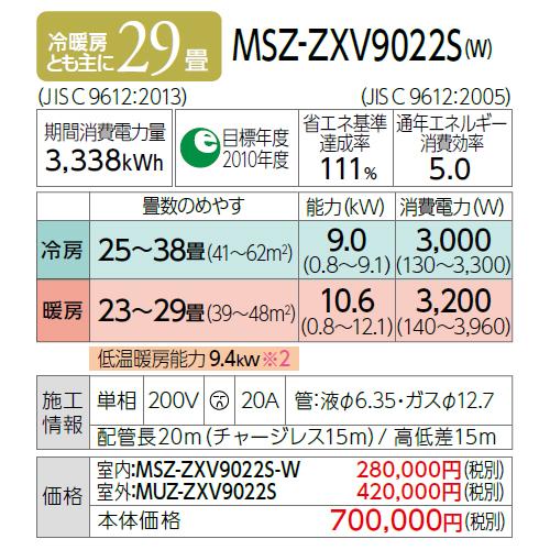 【日付・時間指定不可】MITSUBISHI(三菱電機) 9.0kW 主に29畳用 単相200V ルームエアコン 『霧ヶ峰 Zシリーズ』 MSZ-ZXV9022S-W (ピュワホワイト) 商品画像3：生活家電 ディープライス