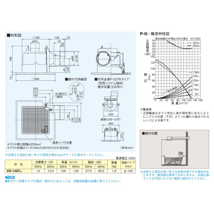 MITSUBISHI(三菱電機) 天井埋込型 サニタリー用 低騒音形 ダクト用換気扇 VD-13ZC14 商品画像3：生活家電 ディープライス