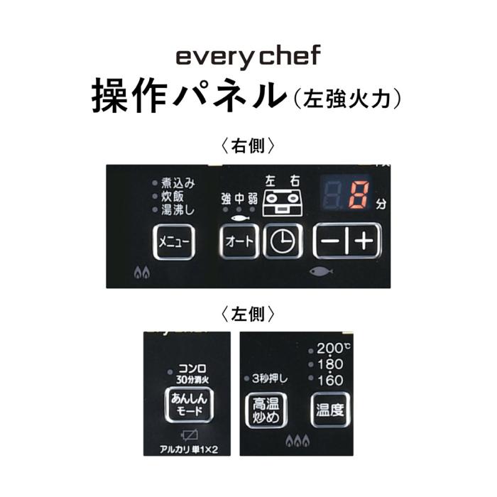 パロマ 幅約59cm 2口 据え置き型 ガステーブルコンロ 『everychef(エブリシェフ)シリーズ』 PA-380WA-L-12A13A (ブラックプラチナ) (左強火力・都市ガス用) 商品画像2：生活家電 ディープライス