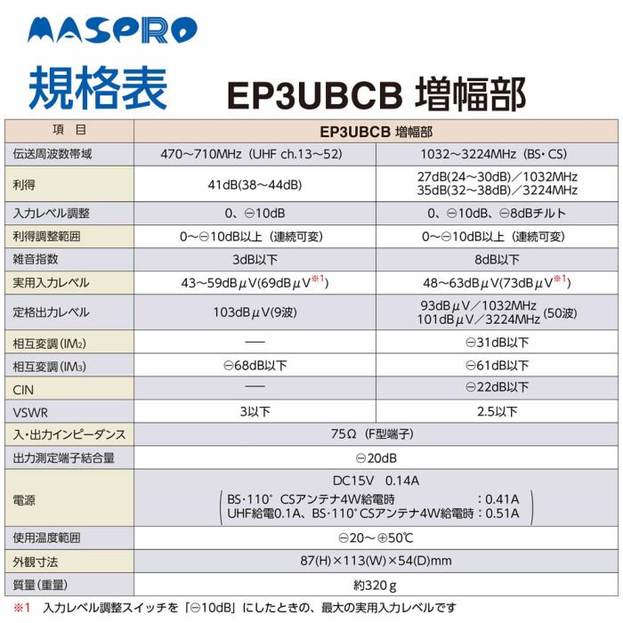 マスプロ 4K・8K対応 41dB型 UHF・BS・CS ブースター EP3UBCB 商品画像4：生活家電 ディープライス