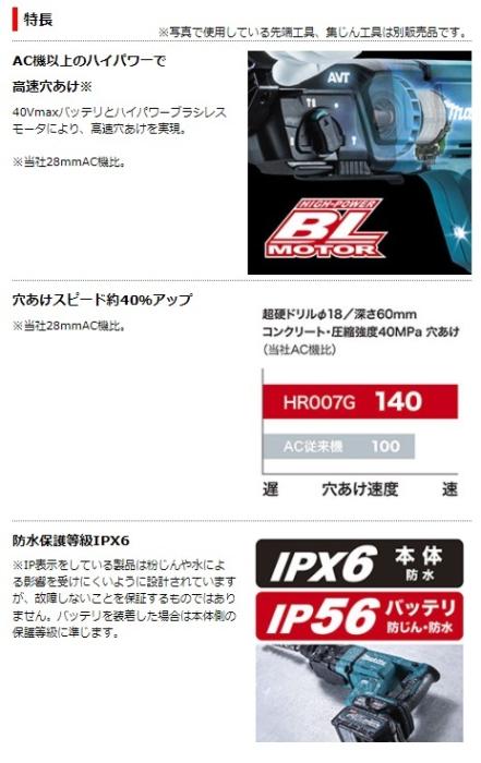 マキタ　HR007GZK　充電式ハンマドリル（ケース付き）（バッテリ・充電器・ビット別売）40Vmax　28mm　SDSプラス 商品画像2：e-tool