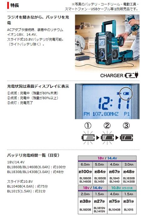 マキタ　MR300　青　本体のみ(バッテリ・充電器別売)　充電機能付ラジオ 商品画像2：e-tool
