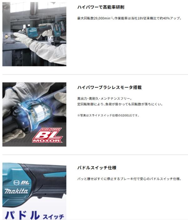 マキタ GD002GZ (本体のみ) パドルスイッチ仕様 充電式ハンドグラインダ 40Vmax 商品画像2：e-tool