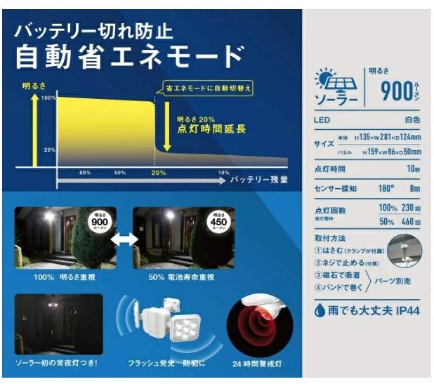 5W×2灯 フリーアーム式LEDソーラー S-220L センサーライト ライテックス 商品画像3：e-tool