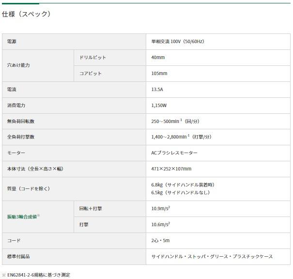 ハイコーキ DH40MEY2 (ケース付) (ビット別売) ハンマドリル 40mm HiKOKI 商品画像4：e-tool