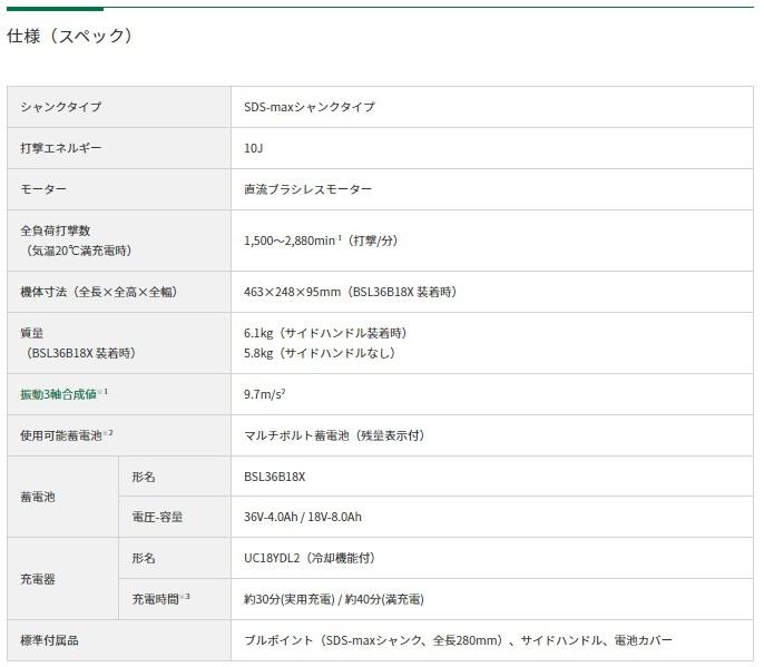 ハイコーキ H3641DA(2WPZ) (バッテリ2個･充電器・ケース付) 36V 充電式 ハンマ SDS-maxシャンク HiKOKI 商品画像3：e-tool