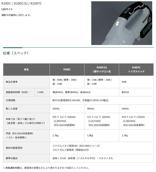 ハイコーキ R18DC(S)(NN) 本体のみ (バッテリ・充電器別売) コードレスクリーナー 1段サイクロン式 パネルスイッチ 18V 商品画像5：e-tool
