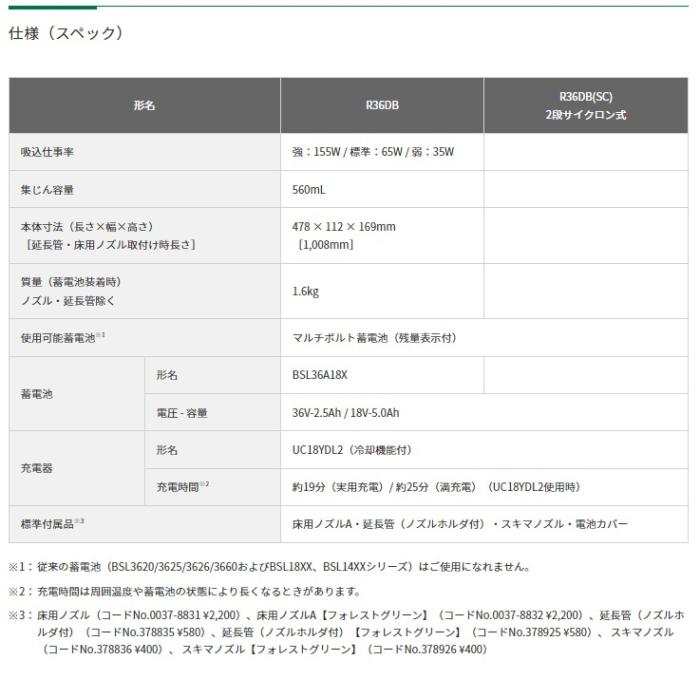  ハイコーキ R36DB(XPGZ) フォレストグリーン (バッテリ・充電器付) コードレスクリーナー 36V 2.5A HiKOKI 商品画像5：e-tool
