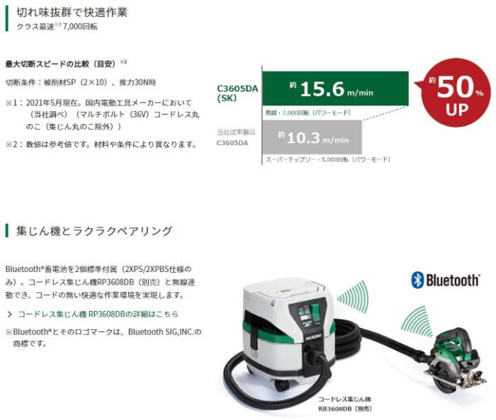 ハイコーキ C3605DA(SK)(2XPSZ) (バッテリ2個・充電器・ケース付) コードレスマルノコ125mm HiKOKI 36V 商品画像2：e-tool