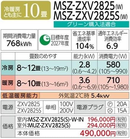 霧ヶ峰 MSZ-ZXV2825S-W [ピュアホワイト] 商品画像2：総合通販サイト 家電横丁