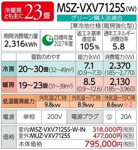 ズバ暖霧ヶ峰 MSZ-VXV7125S-W [ピュアホワイト] 商品画像2：総合通販サイト 家電横丁 PLUS