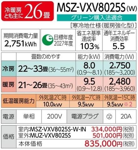 ズバ暖霧ヶ峰 MSZ-VXV8025S-W [ピュアホワイト] 商品画像2：総合通販サイト 家電横丁 PLUS