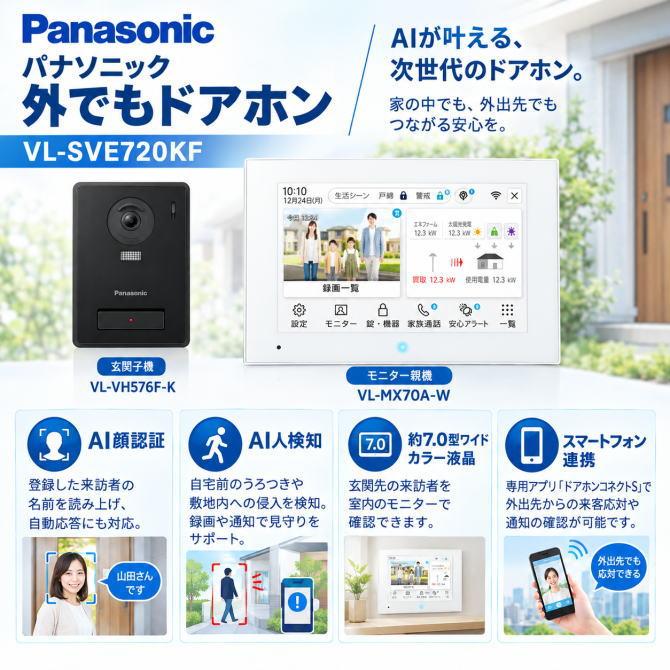 パナソニック 外でもドアホン VL-SVE720KF テレビドアホン 3-7タイプ AI顔認証 AI人検知 電源コード式 商品画像2：EC CREW