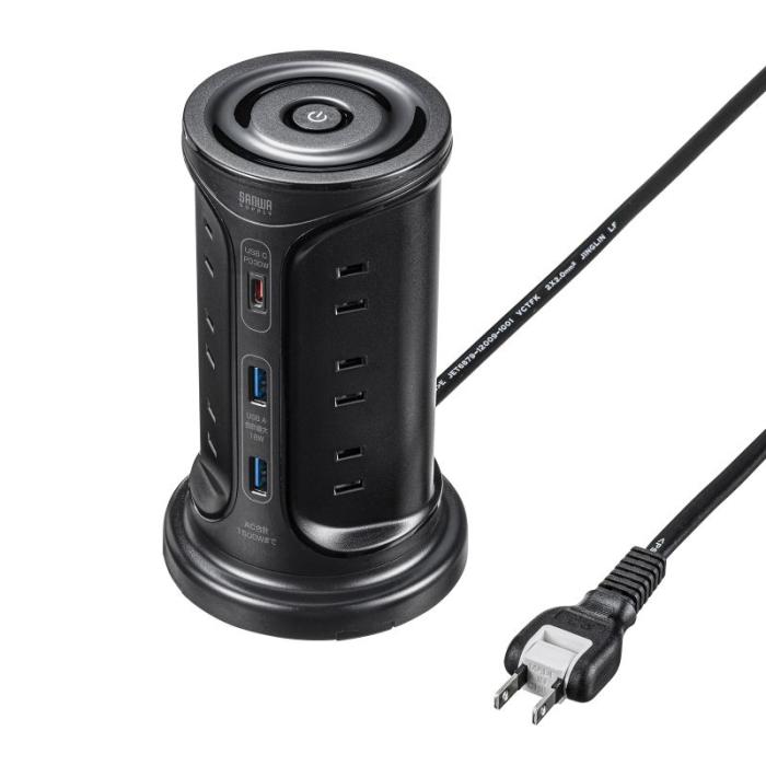 TAP-B112C1A2BK (ブラック) USB充電機能付きタワー型タップ