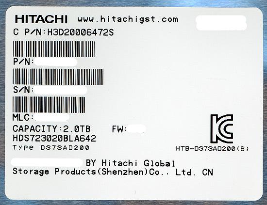 HITACHI製HDD　HDS723020BLA642　2TB SATA600 7200