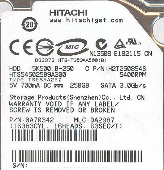 HITACHI ノート用HDD 2.5inch　HTS545025B9A300　250GB