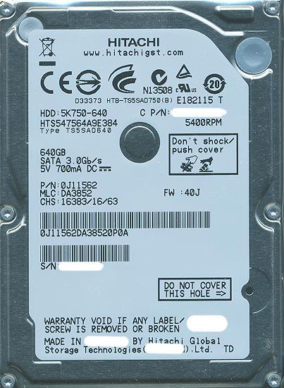 HITACHI ノート用HDD 2.5inch　HTS547564A9E384　640GB