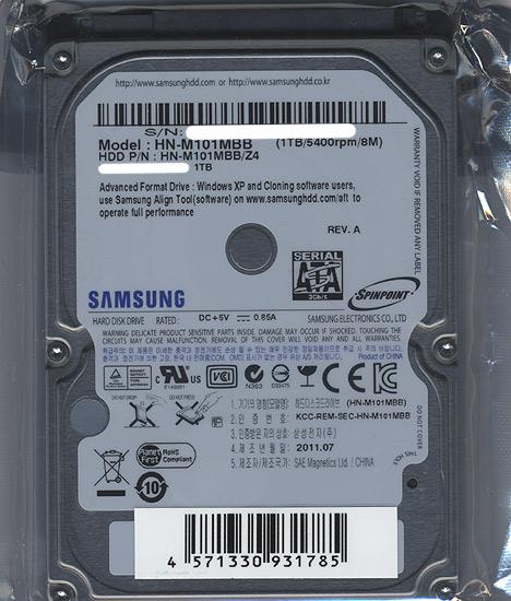 Samsung製 ノート用HDD 2.5inch　HN-M101MBB　1TB 9.5mm