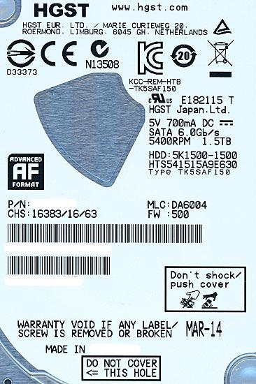 HITACHI ノート用HDD 2.5inch　HTS541515A9E630　1.5TB