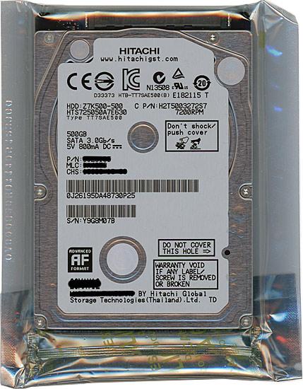HITACHI ノート用HDD　HTS725050A7E630　500GB 7200rpm