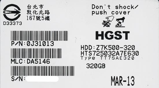 HITACHI ノート用HDD　HTS725032A7E630　320GB 7200rpm