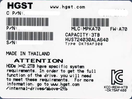 HGST製HDD　HUS724030ALA640　3TB SATA600 7200