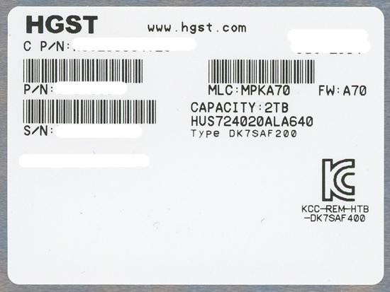 HGST製HDD　HUS724020ALA640　2TB SATA600 7200