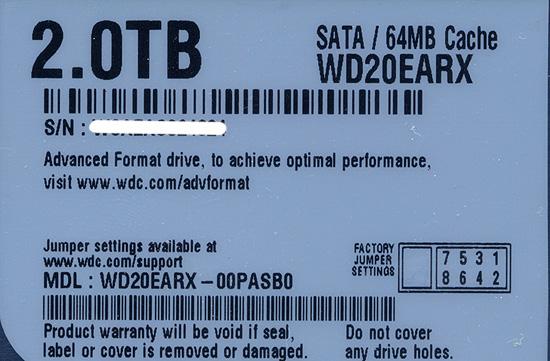 Western Digital製HDD　WD20EARX　2TB SATA600