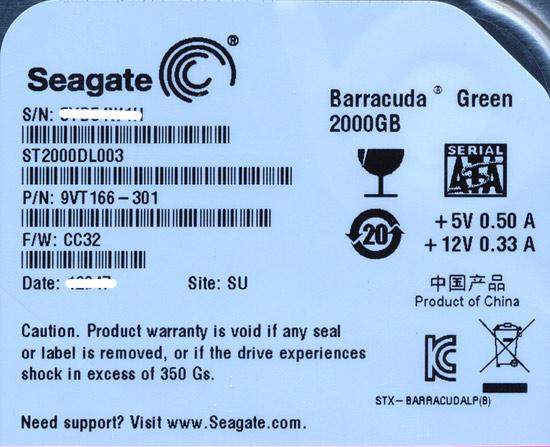 SEAGATE製HDD　ST2000DL003　2TB SATA600 5900