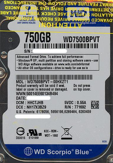 Western Digital製HDD　WD7500BPVT　750GB SATA300