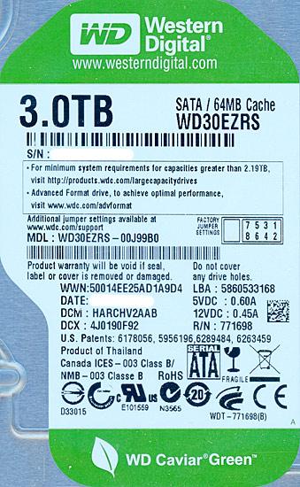 Western Digital製HDD　WD30EZRS　3TB SATA300