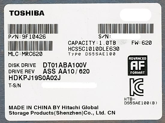 TOSHIBA製HDD　DT01ABA100V　1TB SATA600 5700