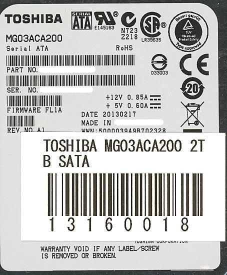 TOSHIBA製HDD　MG03ACA200　2TB SATA600 7200