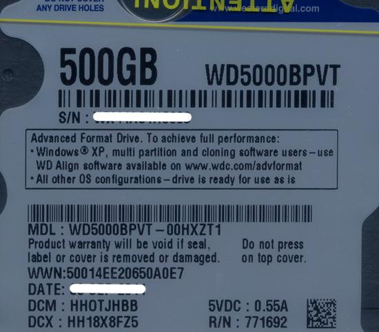 WesternDigital HDD 2.5inch　WD5000BPVT　500GB 9.5mm