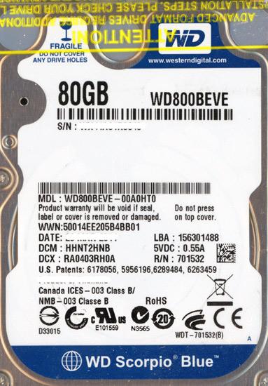 WesternDigital HDD 2.5inch　WD800BEVE　80GB 9.5mm 商品画像2：オンラインショップ　エクセラー