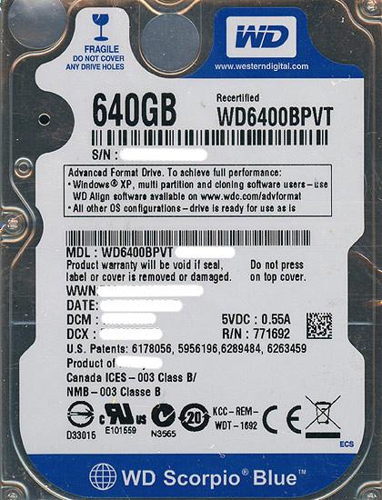 WesternDigital HDD 2.5inch　WD6400BPVT　640GB 9.5mm 商品画像1：オンラインショップ　エクセラー