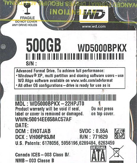 WesternDigital HDD 2.5inch　WD5000BPKX　500GB 9.5mm