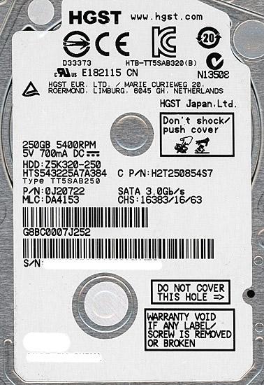 HITACHI ノート用HDD 2.5inch　HTS543225A7A384　250GB