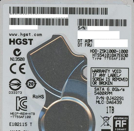 HGST製HDD 2.5inch　HTS541010A7E630　1TB 7mm