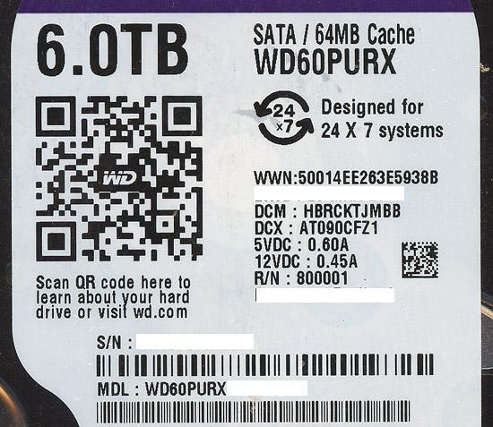 Western Digital製HDD　WD60PURX　6TB SATA600