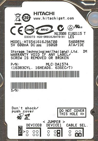 HITACHI ノート用HDD 2.5inch　HTS541616J9AT00　160GB