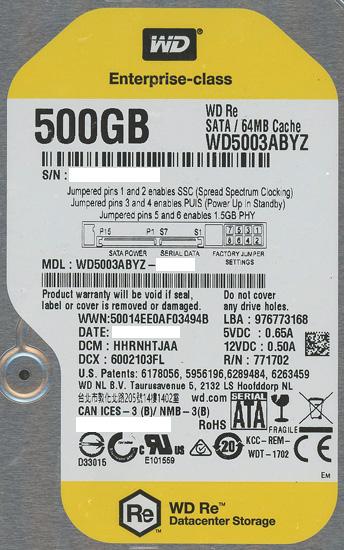 Western Digital製HDD　WD5003ABYZ　500GB SATA600 7200