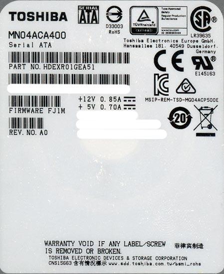 TOSHIBA製HDD　MN04ACA400　4TB SATA600 7200