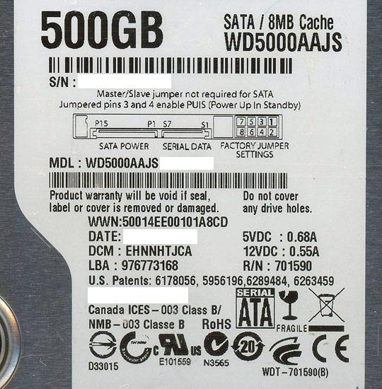 Western Digital製HDD　WD5000AAJS　500GB SATA300 7200